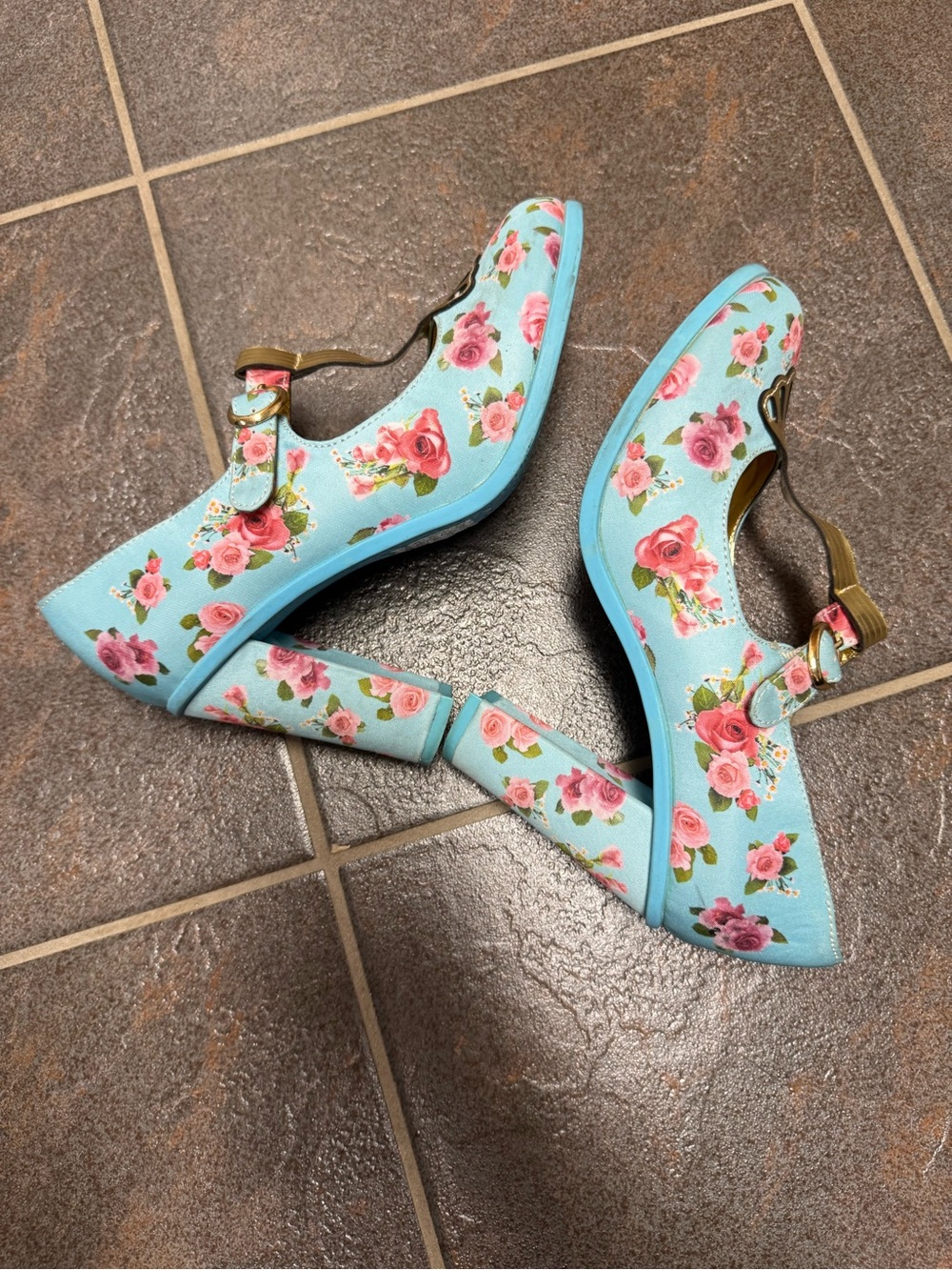 Hot Chocolate Emma Floral Roses Platforms Heels T-Bar Mary Janes Blue EU 37 - Picture 8 of 13